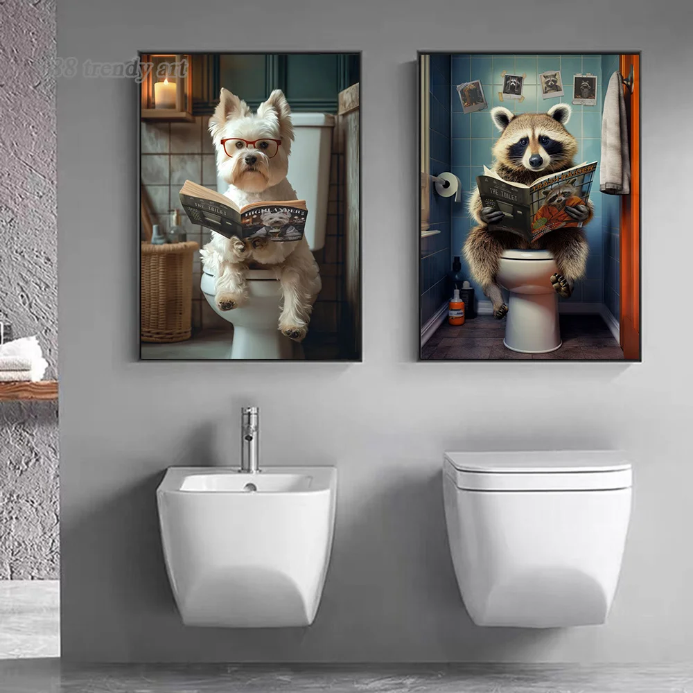 Funny Animals on The Toilet Reading A Book Poster and Prints Canvas Painting Vintage Home Bathroom Toilet Wall Art Decor Mural