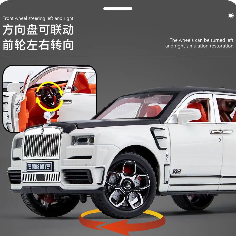 1:24 Rolls Royce Cullinan Mansory Alloy SUV Six Open Parts Four Wheel Shock Steering Light Sound Desktop Display Gift view 3