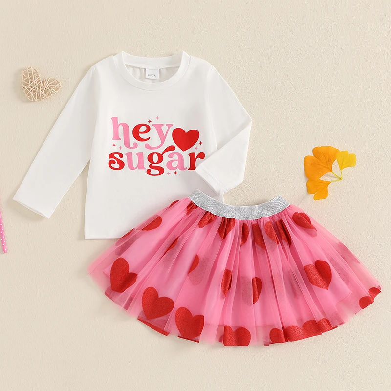 Toddler Girl Valentine Outfit Letter Print Long Sleeve Shirt and Heart Print Mesh Tulle Skirt Set for Baby Cute Clothes