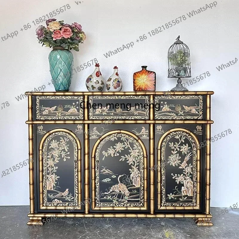 M45 Neoclassical Bamboo Entrance Hall Entrance Cabinet Decorative Cabinet American Stacking Gold Hand Painted Side Cabinet