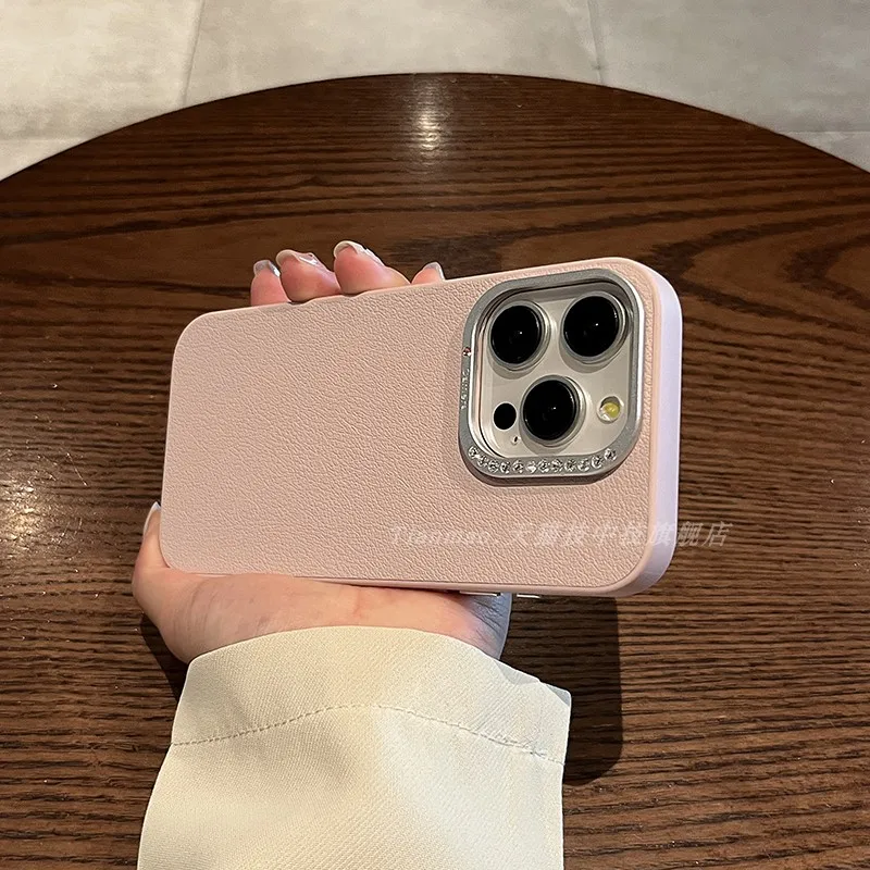 

Applicable apple 15pro phone case with drill silver frame lychee grain light pink iphone15 14pro 14 leather 13pro Anti-fall 13