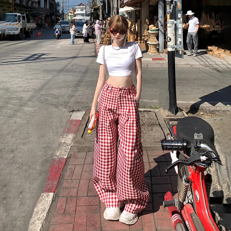 

Red plaid Spice Girl wide-leg pants women's spring and summer new high-waisted straight casual floor-mopping trousers Wide leg