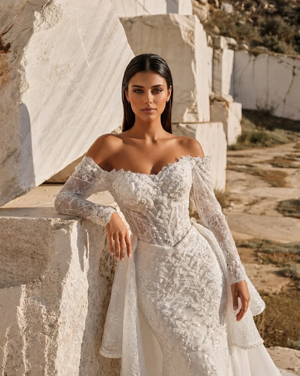 Maßgeschneidertes schulterfreies Spitzen-Brautkleid mit abnehmbarer Schleppe, rückenfrei, Applikationen, Hochzeitskleider 2026 Vestido De Noiva – Detail 9