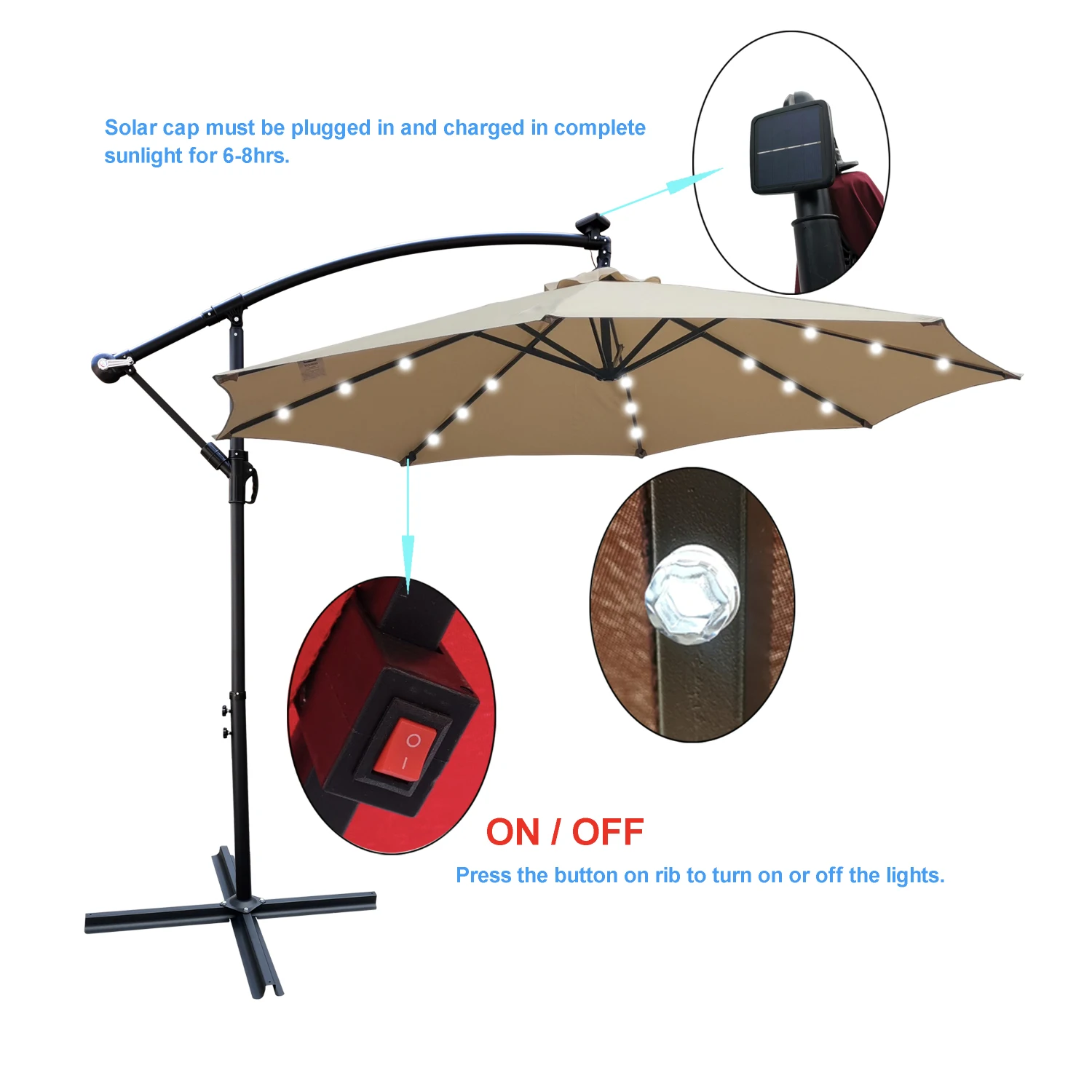 Tan 10 ft Outdoor Patio Umbrella Solar Powered LED Lighted Sun Shade Market Waterproof 8 Ribs Umbrella with Crank and Cross Base