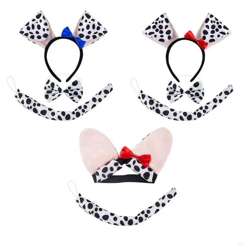 

B95F Lovely Dogs Ears Headband Plush Tail Bowtie Gloves Dogs Hair Hoop Set Animals Cosplay Costume Set for Halloween