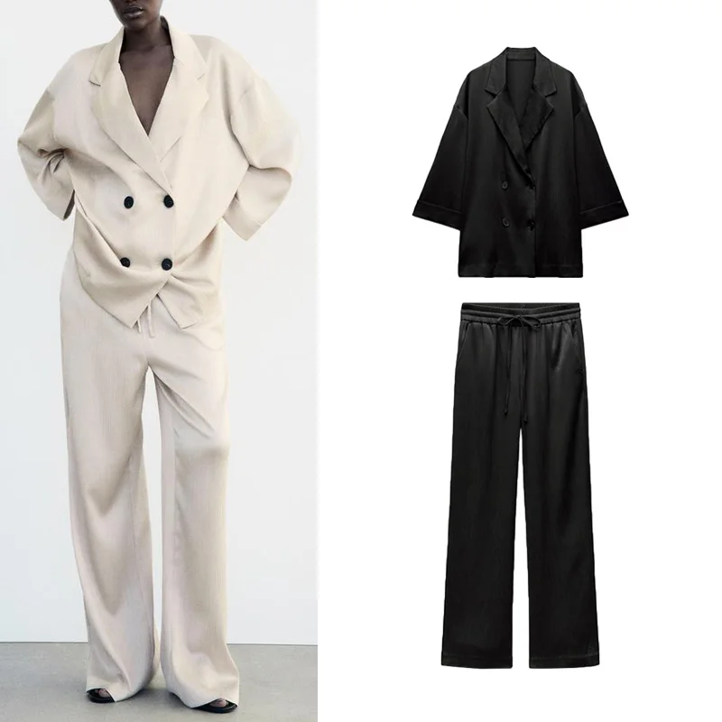 

Spring Summer New Wrinkle Effect Double Button Suit Jaet High Waist Belted Pants 438727 4387027 Profional Women's Outfit