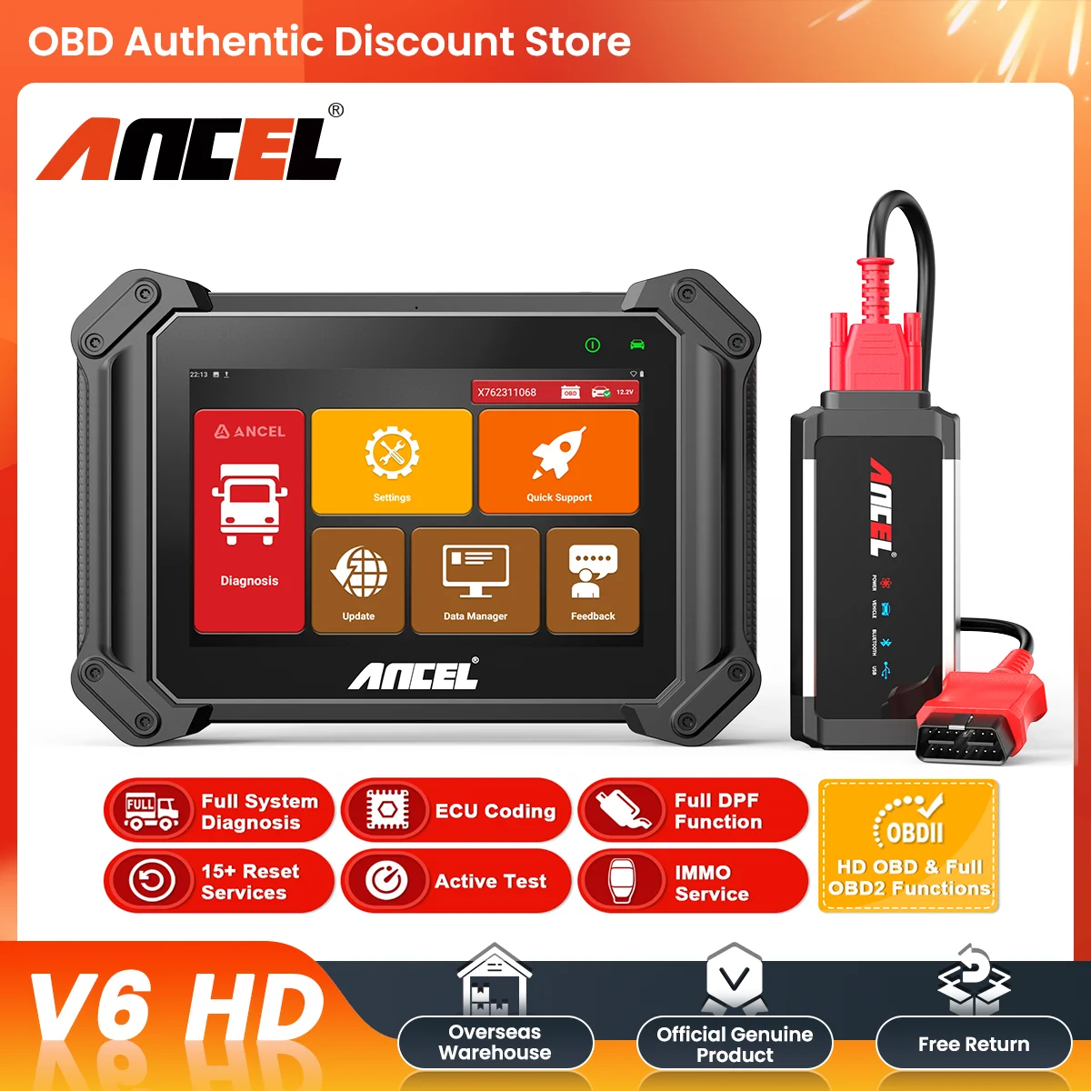 ANCEL V6 HD OBD2 Scanner Full System Heavy Duty Truck Automotive Tool for Cummins/Detroit/Caterpillar 40+ Reset Diagnostic Tool