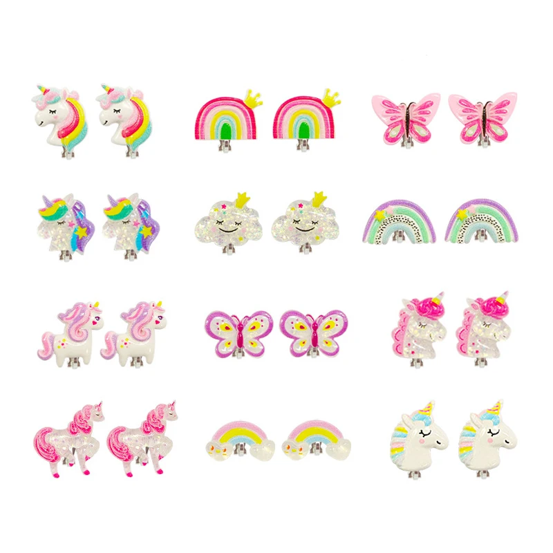 12PRS Mixed Resin Clip On Earring for Kids Children Non Piercing Cute Unicorn Panda Mermaid Earring Set