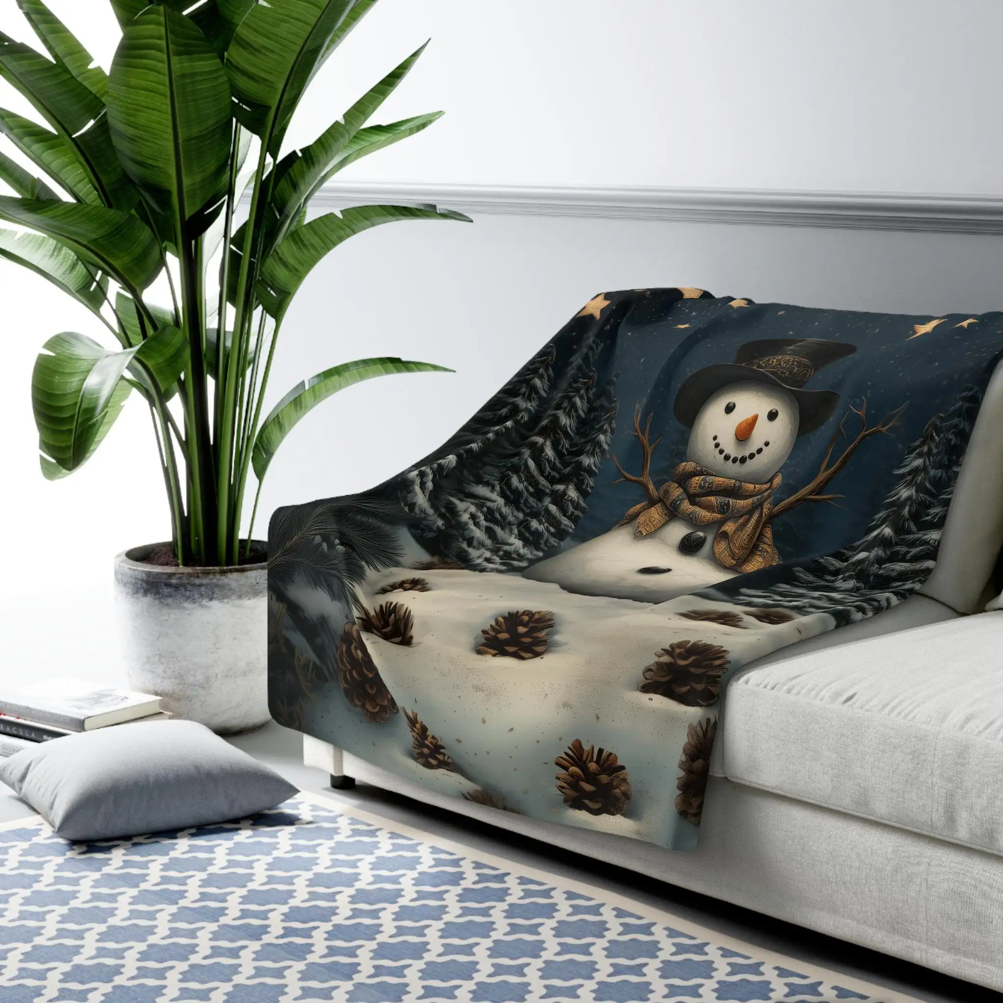 Whimsical Winter Wonderland William Morris Inspired Snowman Blanket, Cozy Christmas Decor Throw Fabric Poster Wall Art