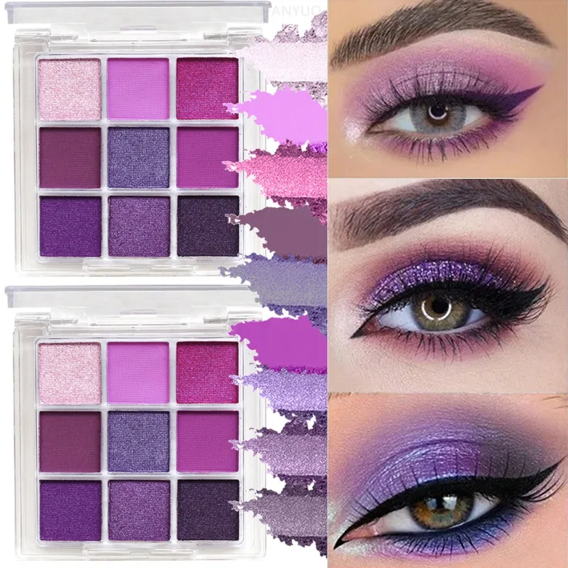 Paleta de sombras com glitter, 9 cores, roxo, glitter, perolado, fosco, sombras brilhantes, longa duração, maquiagem de pigmentos para os olhos femininos