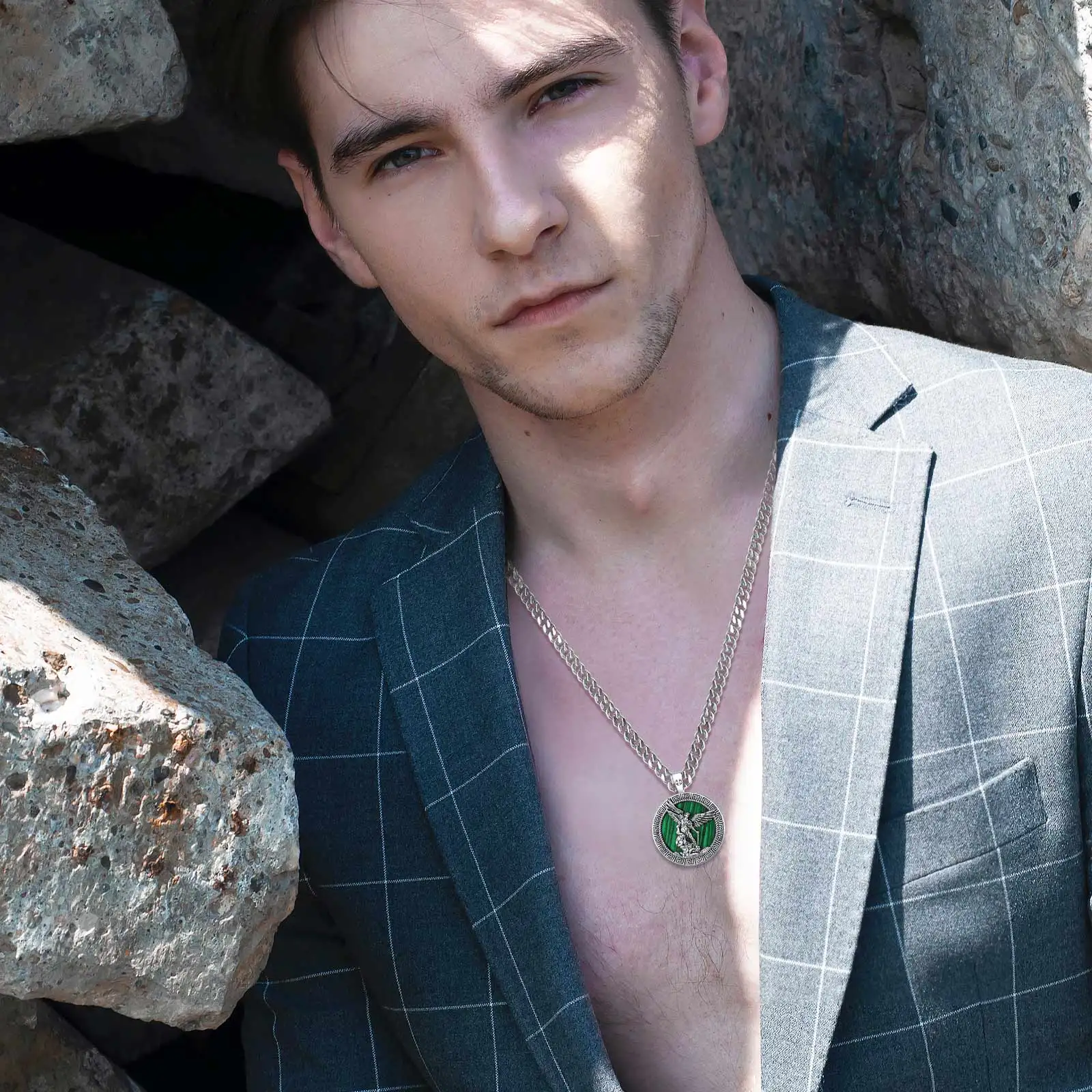 Eudora Copper Malachite Saint Michael Necklace Archangel Medal Pendant Christian Amulet Religious Jewelry Gift for Men Woman view 6