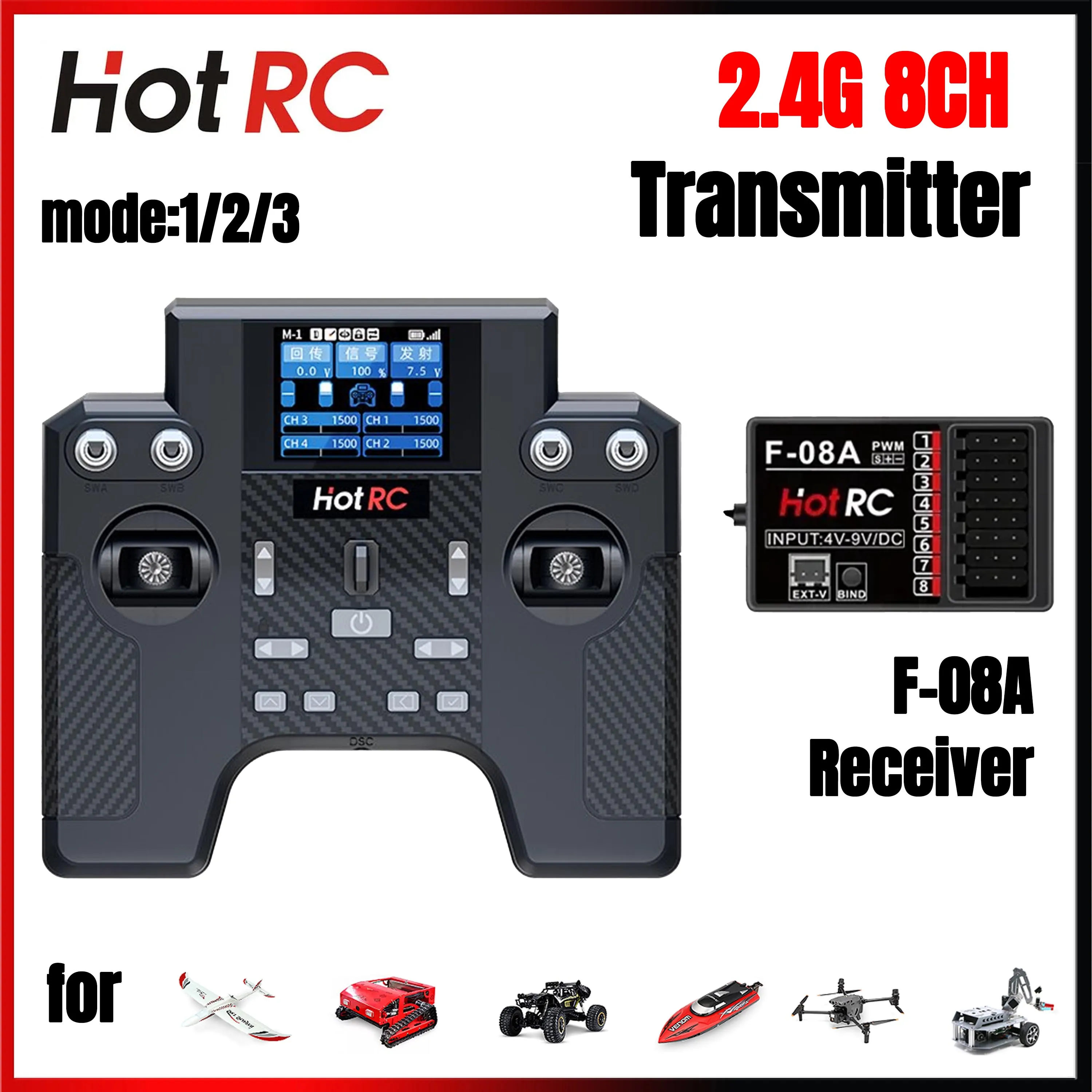 HOTRC HT-8A 2.4G 8-Kanal-Sender-Fernbedienung mit F-08A-Empfänger für RC-Flugzeuge, Drohnen, Hubschrauber, Autos, Crawler, Trucks und Boote