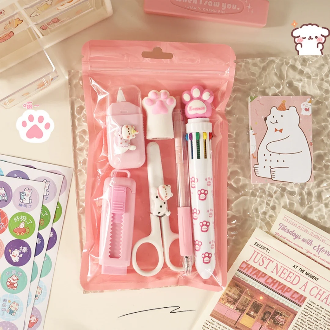 Stationery Set For Kids Girls Pink 6-in-1 Stationery Kit Gift Wtitting Pens Eraser Pencil Sharpener Scissor Birthday Prizes Xmas