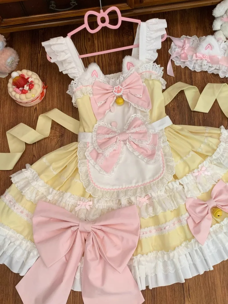 

Lolita Cosplay Maid Outfit Sweetheart Cute JSK Plush Cat Ear Embroidery Bow Slim Patchwork Tutu Dress Birthday Dress for Women