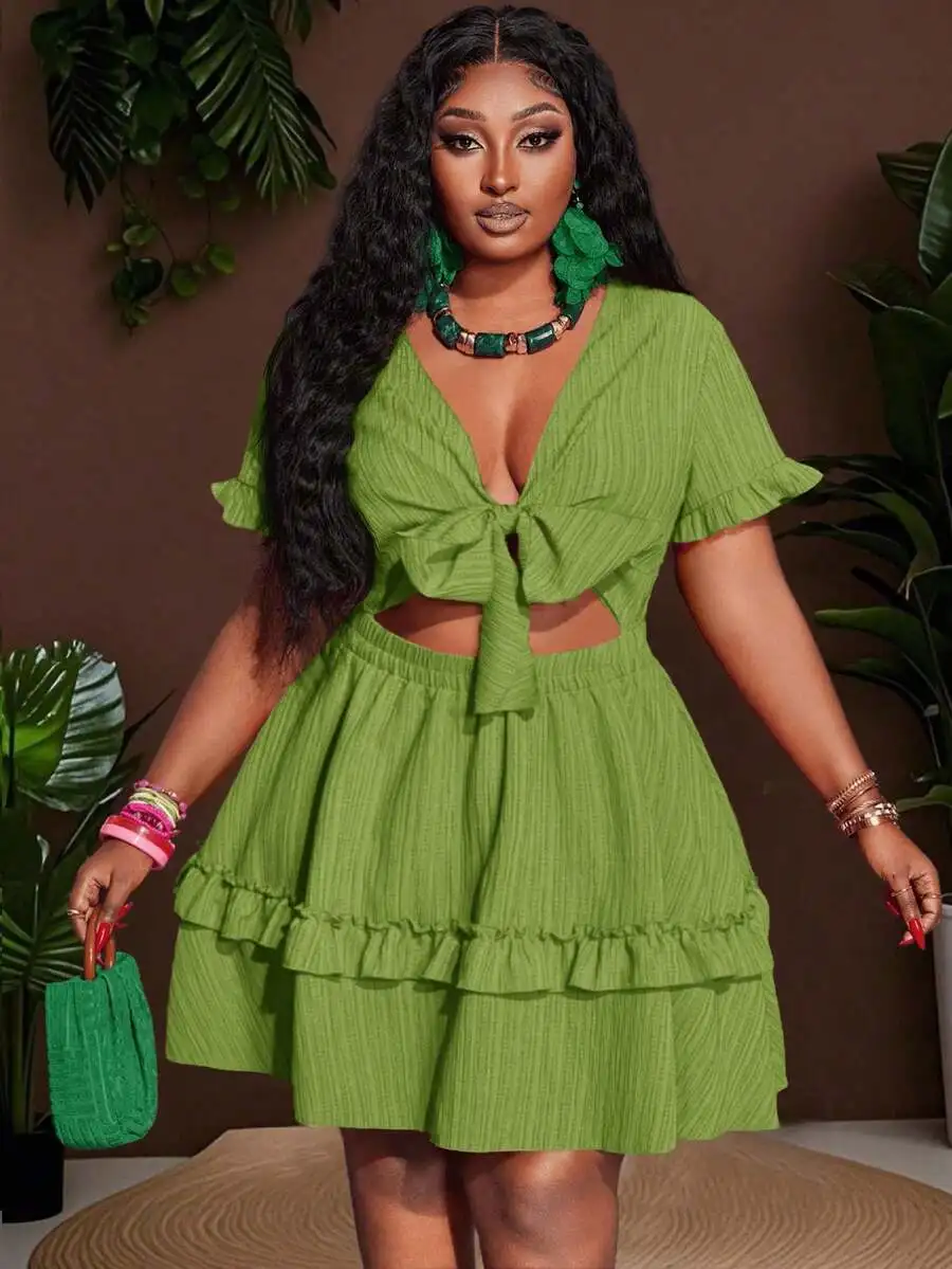 

Green Solid Ruffle Mini Dress With Chest Tie-Up And Cut-Out Detail, A-Line Hem, Woven Fabric, Casual Holiday Wear