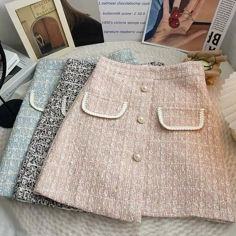 

Осенне-весенняя клетчатая шерстяная мини-юбка Faldas T908 Элегантные твидовые юбки для женщин Сладкие жемчужные пуговицы Утягивающие юбки с высокой талией