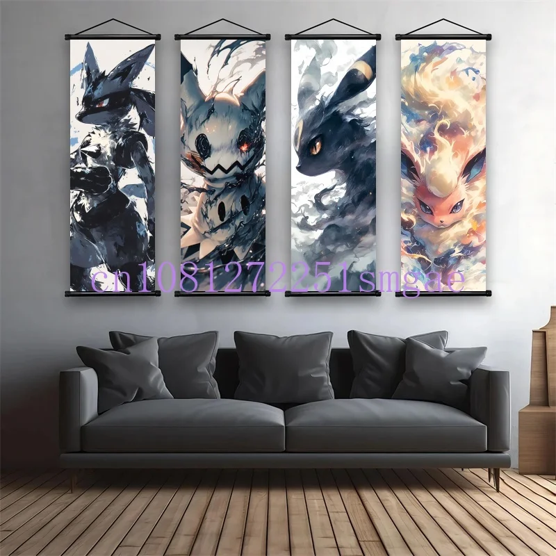 

Classic Anime Pokemon Scroll Drawing, Mew Moltres Eevee Bulbasaur Charmander Art Cloth, Home Art Wall Decor Children's Gifts
