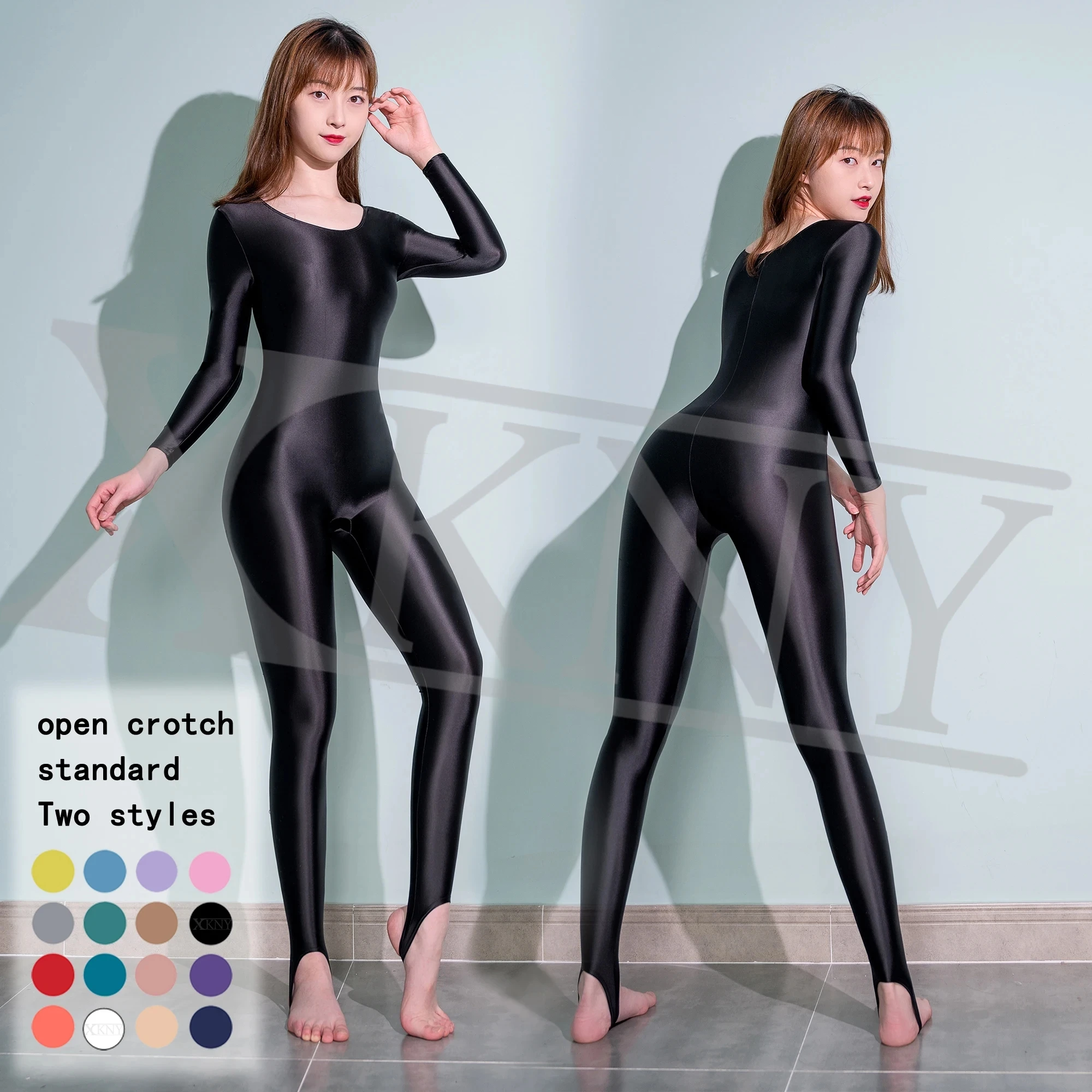 

XCKNY oil glossy tights sexy smooth slip round neck one piece pants casual step on one-piece pants sexy yoga glossy jumpsuit