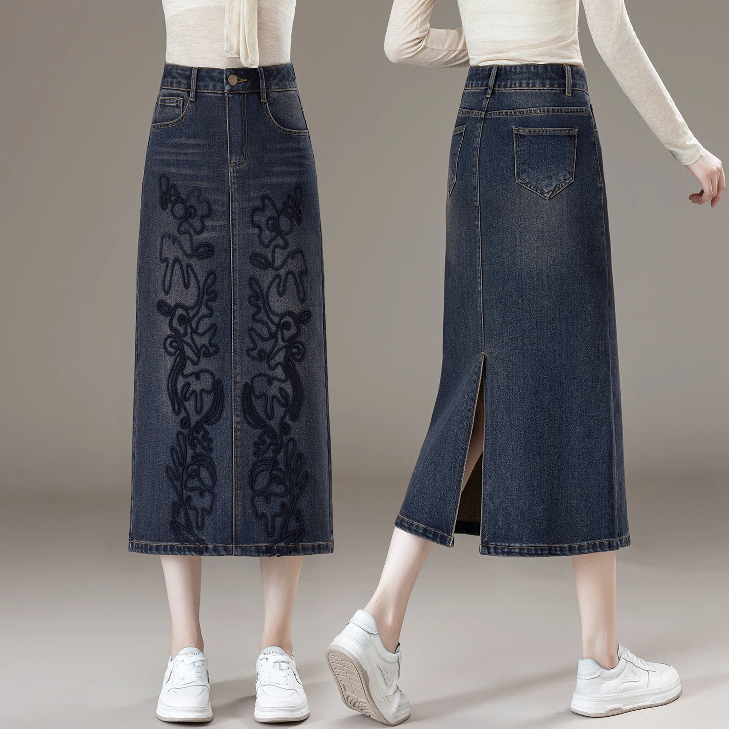 Jupe en jean brodée rétro, taille haute, mi-longue, coupe droite, pour femmes, nouvelle collection printemps automne, mélange de coton décontracté