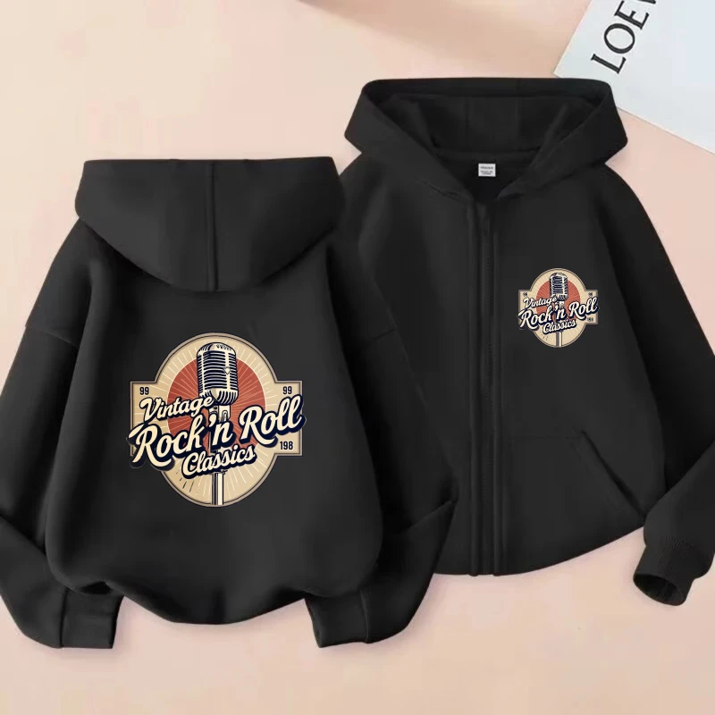 

Men's Hooded Jacket Black Vintage Rock n Roll Classics Printed Microphone Design Casual Streetwear for Music Lovers and Daily We