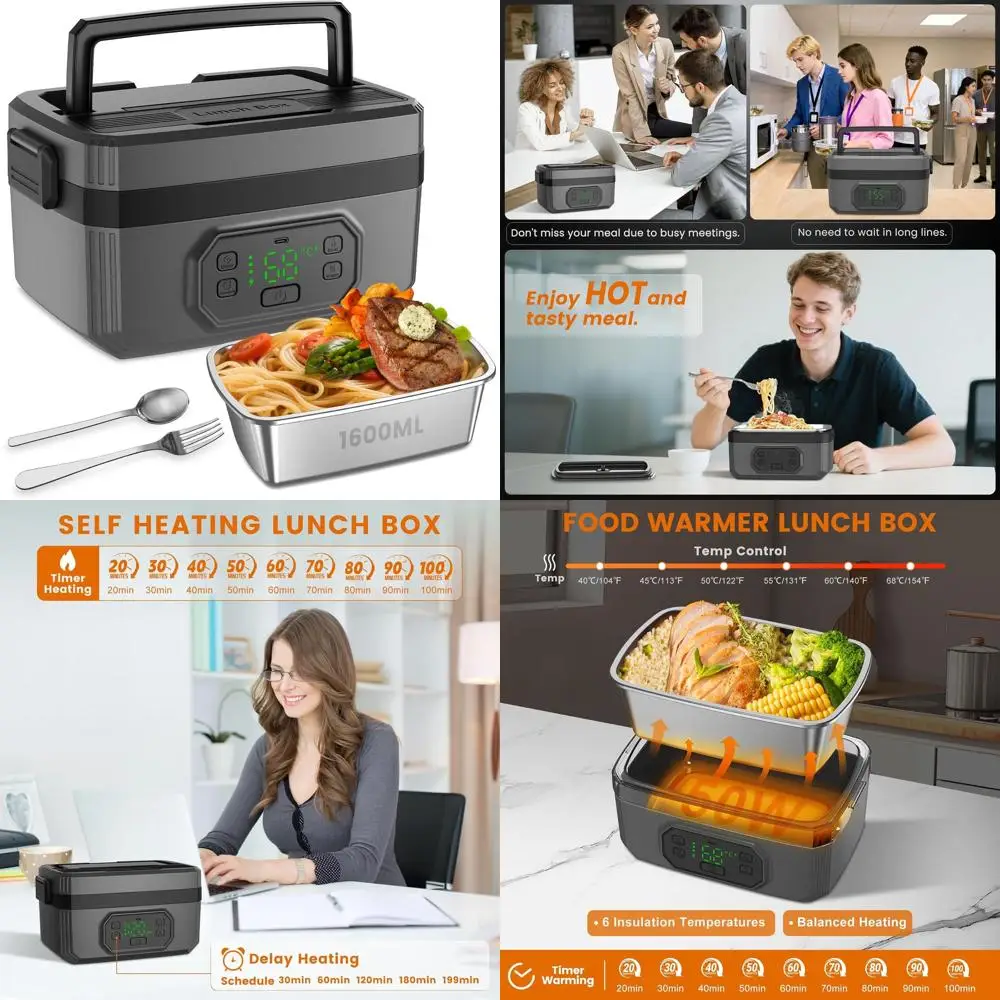 

Portable 1.6L Rechargeable Heated Lunch Box, 24000mAh Battery, Self-Heating Food Warmer for Adults and Men & Women