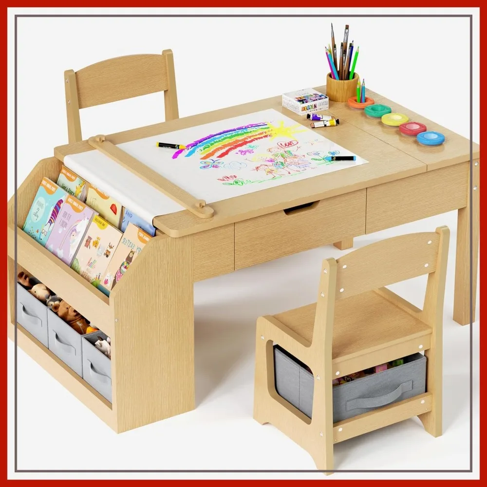 

5-in-1 Art Table and Chairs Set with Easel, Paper Roll & Storage
