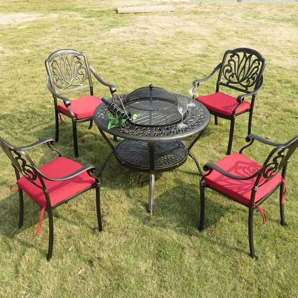 Bronze Outdoor Patio Garden Furniture Cast Aluminum Metal Fire Pit Table Set with Cover