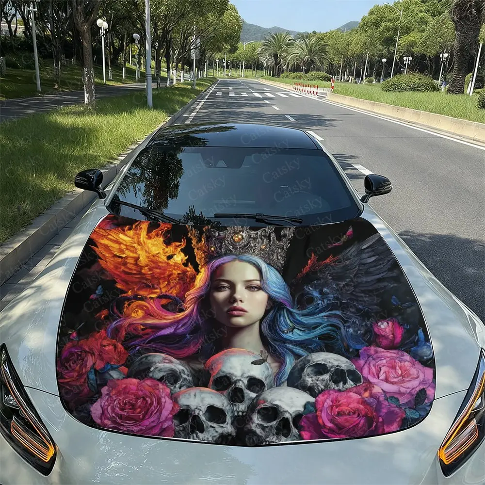 

Dark Rose Skeleton Queen Car Hood Sticker, Easy To Install And Remove, Independence Day Car Decoration, Suitable For A-class Sed