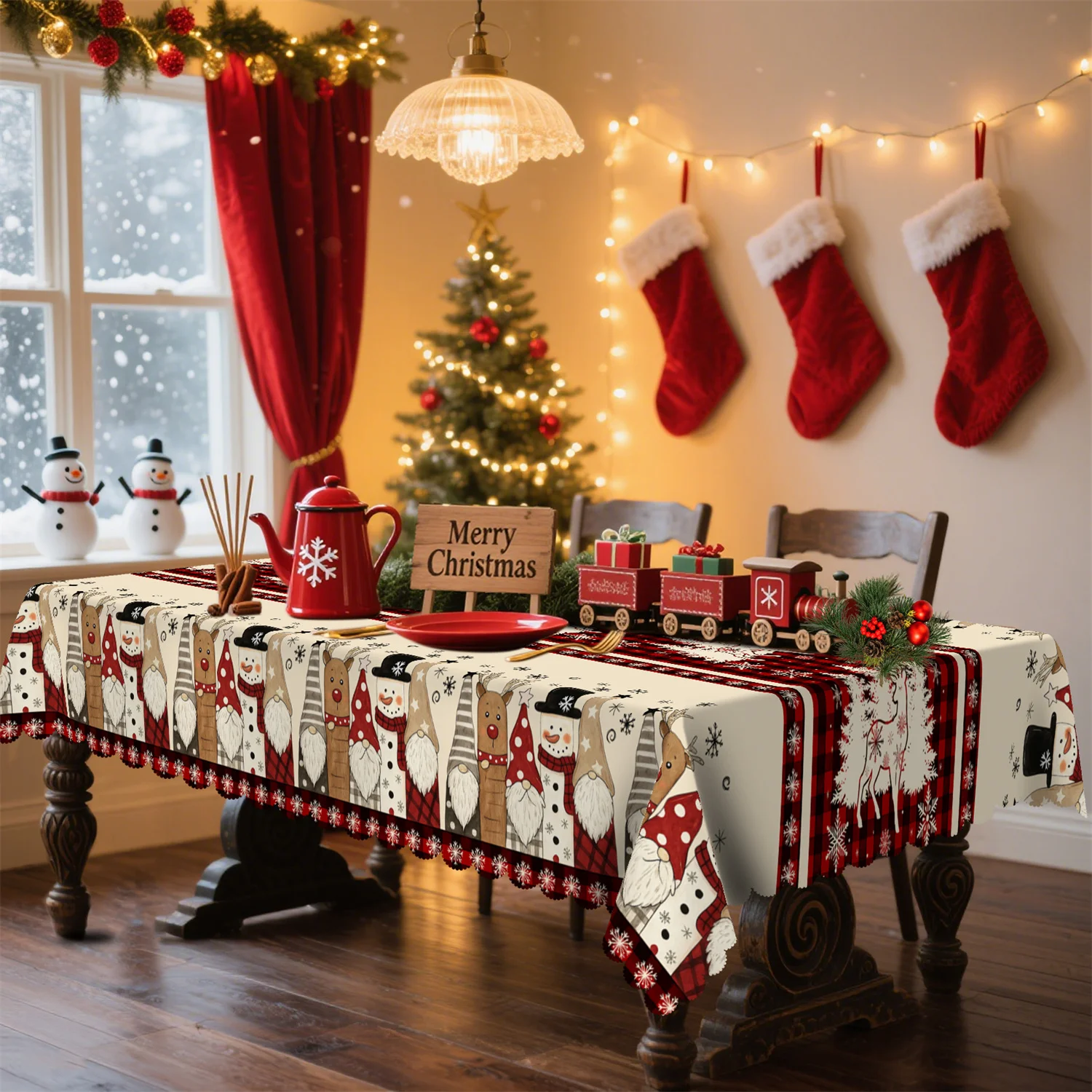 Reindeer pygmy snowflake red and black plaid Christmas tablecloth 1pack suitable for indoor and outdoor holiday party decoration