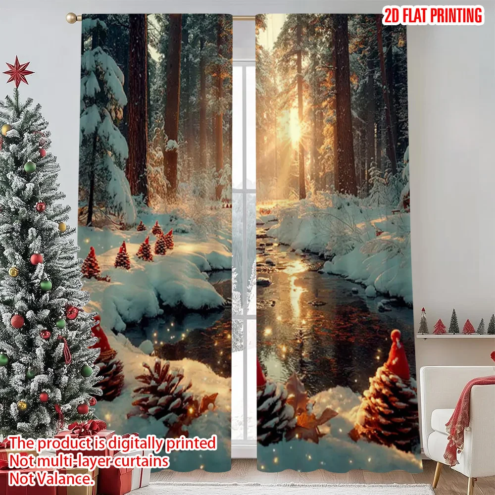 

2pcs 2D flat printing Merry Christmas Popular Drapes winter pine Durable Polyester Without Electricity Festive Wall Decor Use