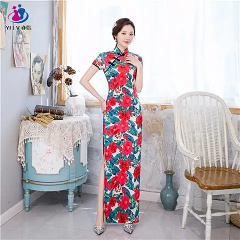 Chinese Style Retro Traditional Cheongsam Printed Qipao New Year Party Silk Long Dress Women Sexy Nightclub Hanfu Qi Pao Vintage