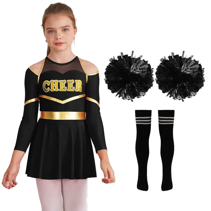 

Детский танцевальный наряд для черлидинга для девочек, платье с открытыми плечами и длинными рукавами, цветочные шары и носки, комплект школьной формы для школьниц