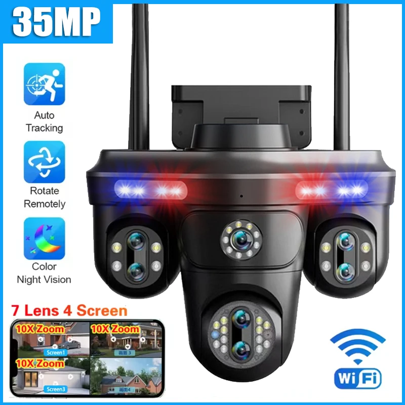 35MP 7 Lens PTZ IP Camera Outdoor Four Screens Wireless WiFi Security Camera 10X Zoom Auto Tracking Waterproof CCTV Video Camera