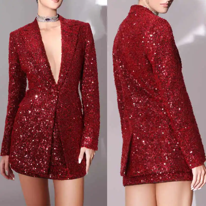 

Sequined Women Blazer Skirts Suits Ladies Pleats Red Show Prom Birthday Party Formal Wear Outfit 2 Pieces Customized