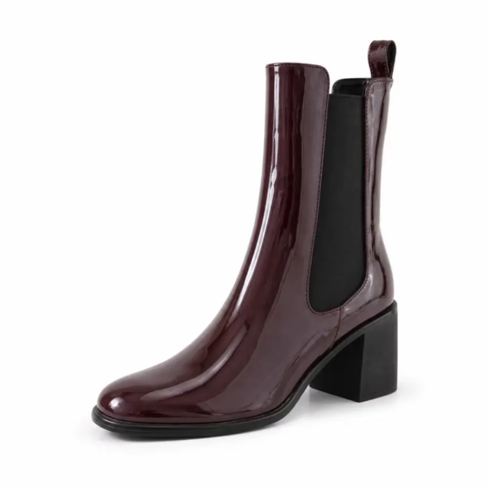 New Wine Red Patent Leather Elastic Chelsea Ankle Boots European American Chunky Heel British Commuting Shopping Mid-calf Boots