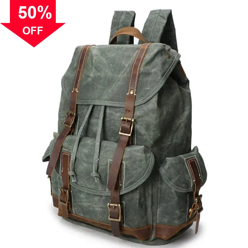

M144 New Multifunction Vintage Military Waterproof Canvas Men's Backpack Backpacking Rucksack Luxury Brand Cow Leather
