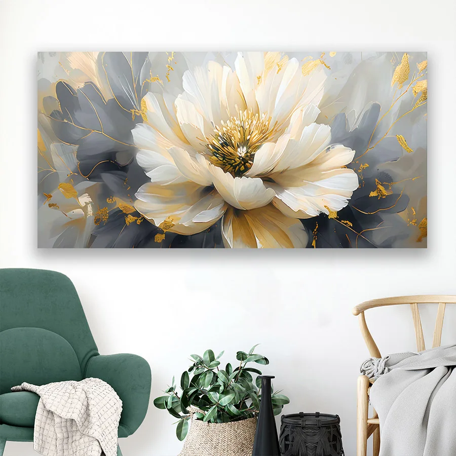 Vintage Golden Leaves White Flower Canvas Painting , Modern Poster and Prints, Wall Art For Living Room Home Deacor No Frame