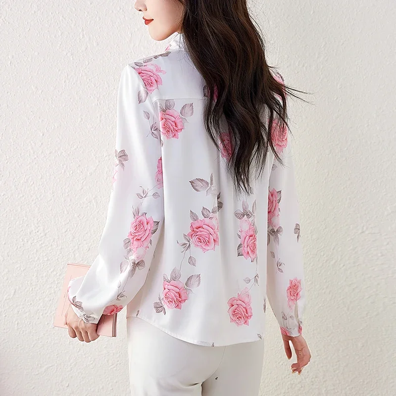 White Floral Shirts for Women Autumn Elegant Turn-down Collar Lantern Sleeve Blouses Womens Tops Fashion Print Slim Blouse Women