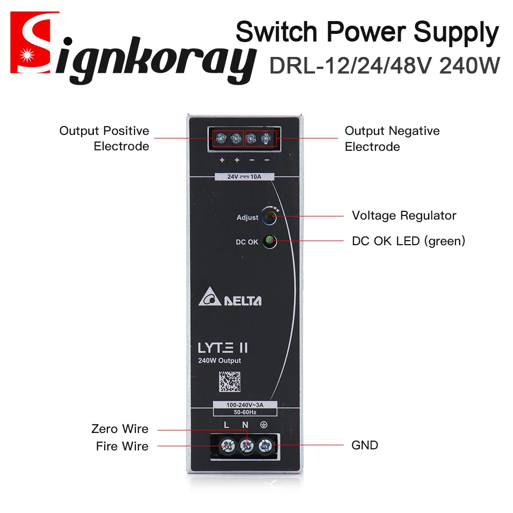Imagem -02 - Signkoray-fonte de Alimentação de Comutação Original tipo Trilho Din Série Drl 240w 12v 24v 48v 10a Monofásico 5060hz