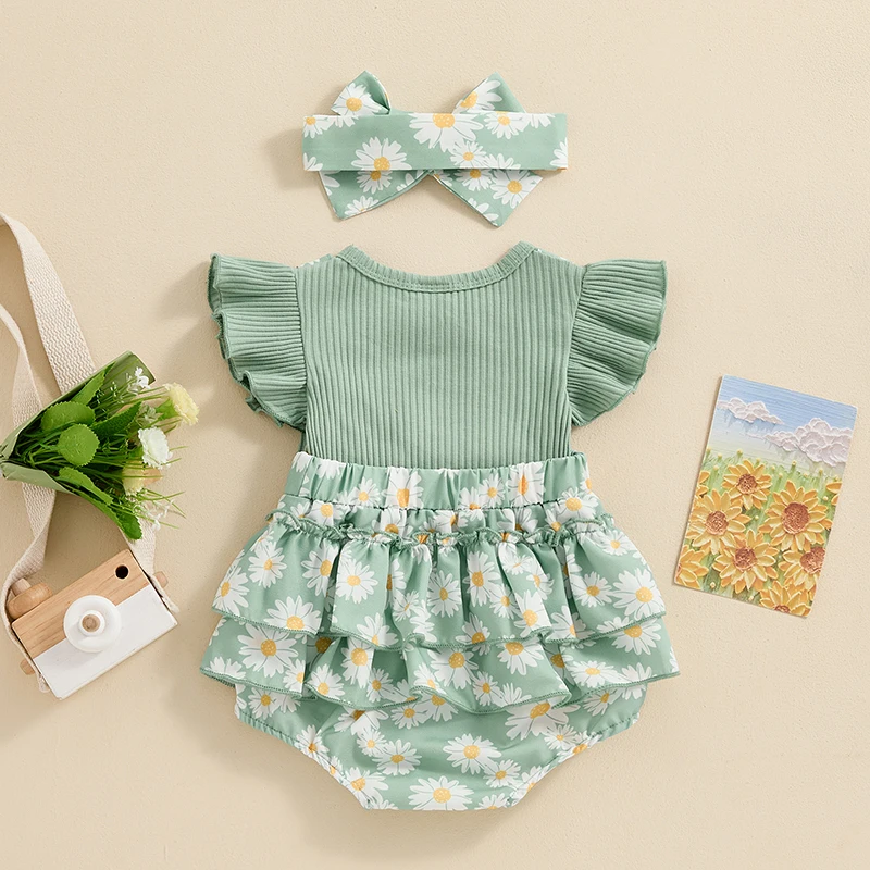 Baby Clothing Girl Outfits Floral Print Ribbed Fly Sleeve Bowknot Patchwork Layered Jumpsuits Headband Newborn Clothes