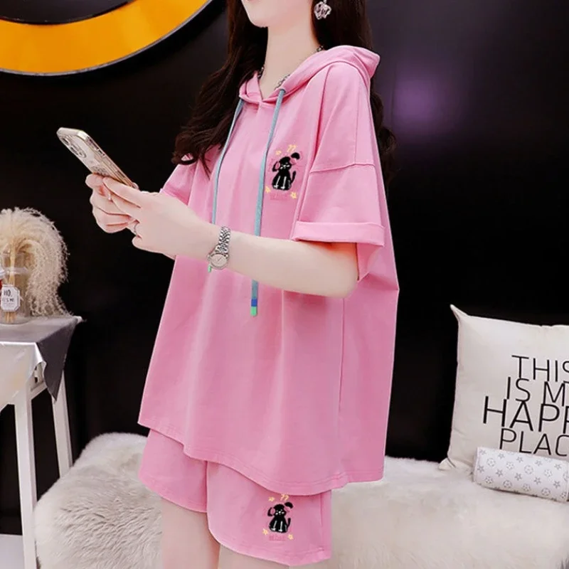 

Woman Shorts Office 100℅ Cotton Pink T Shirt Short Sets for Women 2 Pieces Casual Summer Fashion 2025 Outfit Classic Trends Full