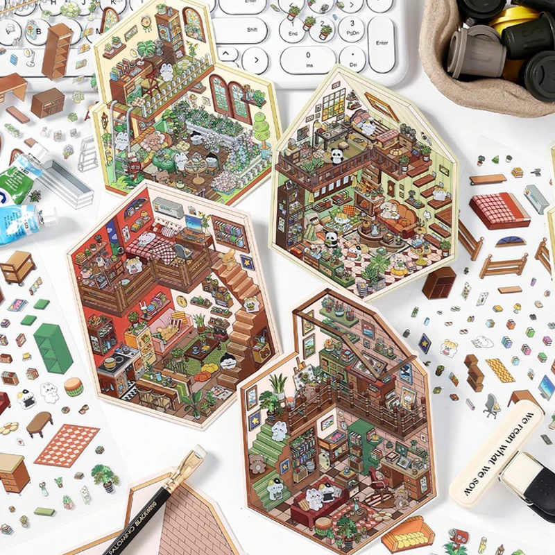 

4 стиля PET 2,5D наклейка для ландшафтного дизайна милый маленький дом Kitchenette DIY наклейка для украшения сцены 21 см * 12 см бумажные канцелярские принадлежности