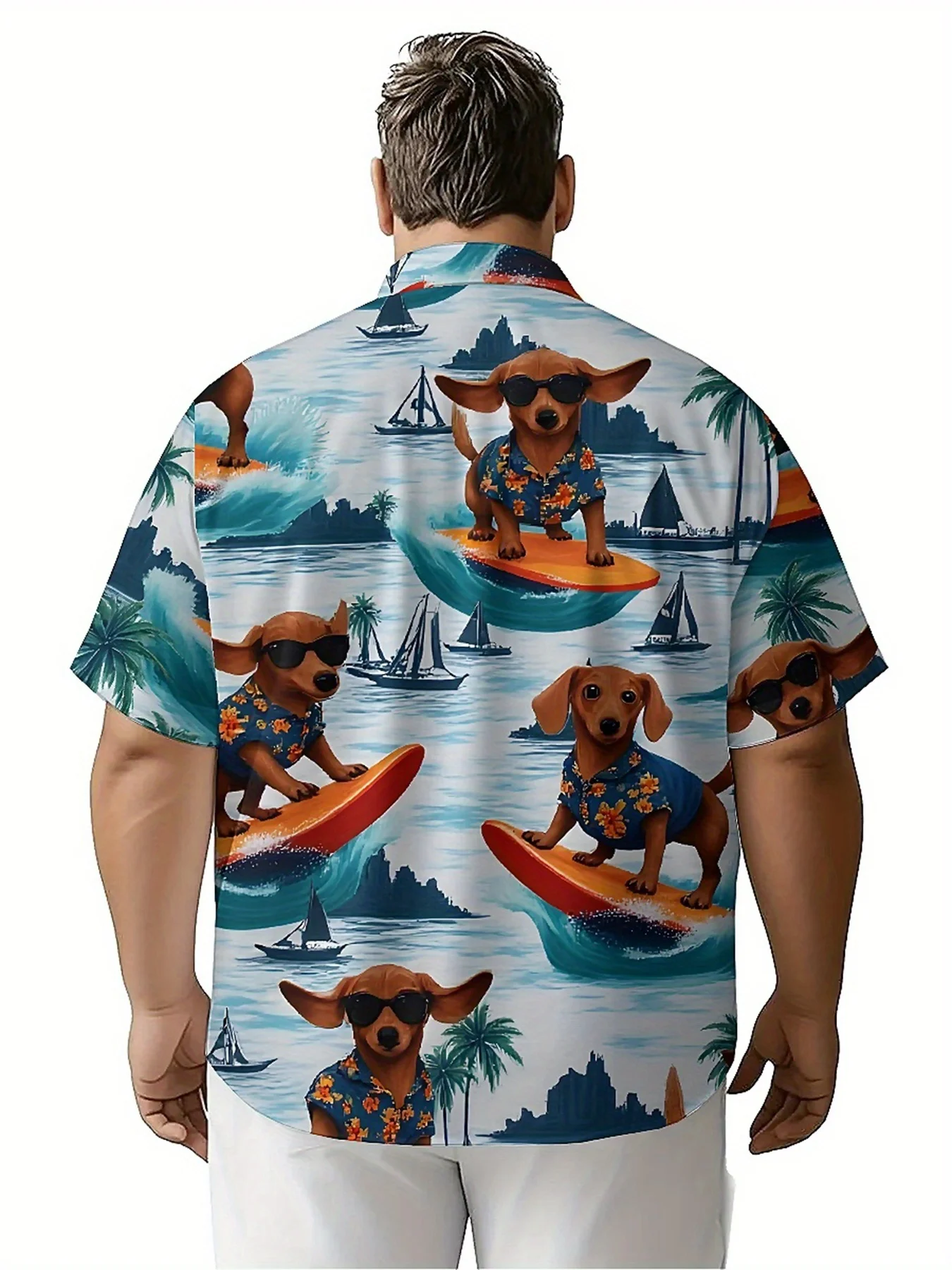 Men's Plus Size Hawaiian Shirts Tropical Surfing Dogs Pattern, Button Up Shirts, Unisex Casual Clothing, Summer Tops