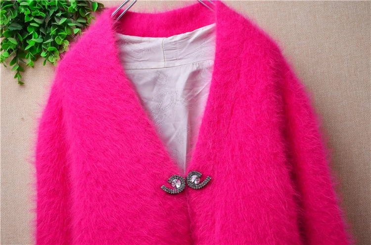 Women Mujer Autumn Winter Pull Rose Hairy Mink Cashmere Knitted Long Sleeves Slim Cardigan Mantle Angora Fur Sweater Jacket Pull