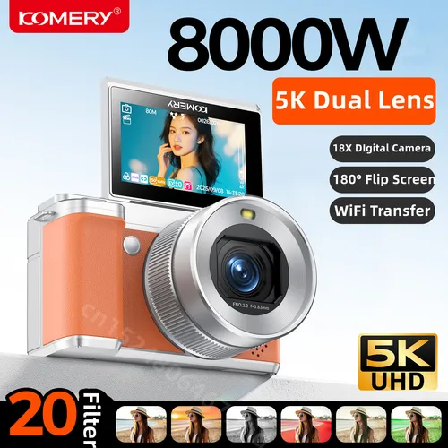 Imagen 1 del producto Cámara Digital de 18X y 80MP con pantalla abatible, lente Dual frontal y trasera, videocámara Selfie Vlog, cámara 4K para lente Macro gran angular Livestream