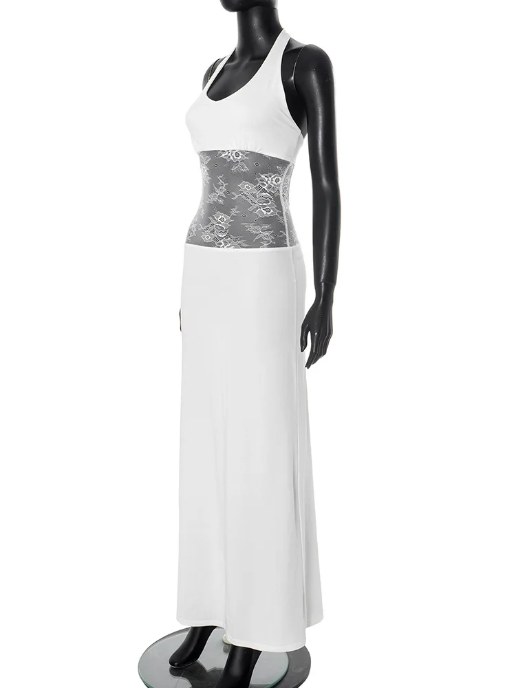Elegantes, durchsichtiges Spitzen-Patchwork-Maxikleid für Frauen, sexy Neckholder, rückenfrei, ärmellos, figurbetontes Partykleid, Damen-Feiertagskleid 2025,
