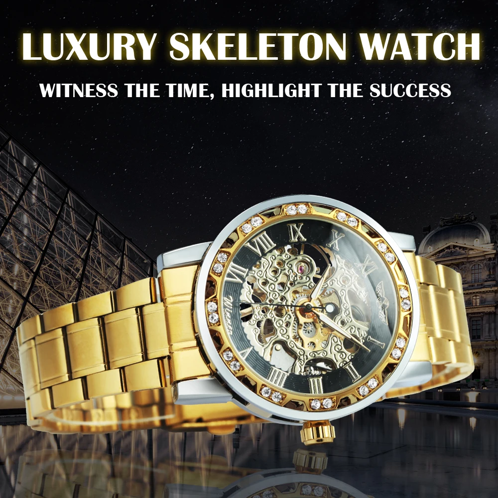 WINNER Unisex Classic Skeleton Mechanical Watch for Men Luxury Retro Iced Out Black Gold Watches Stainless Steel Strap Luminous