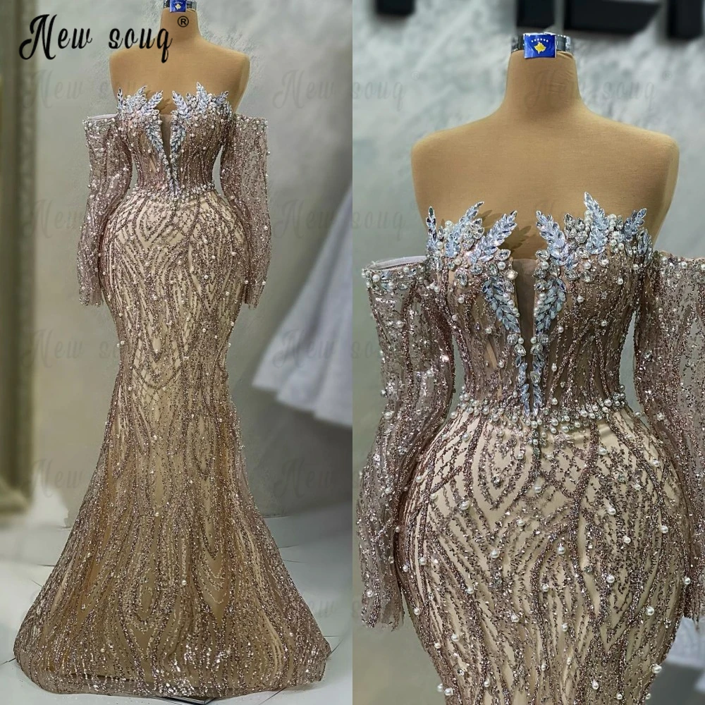 Glitzer Boot Hals aus der Schulter Champagner Abendkleid handgemachte Kristalle Dubai Frauen Hochzeits feier Kleider maßge schneiderte formelle Kleid