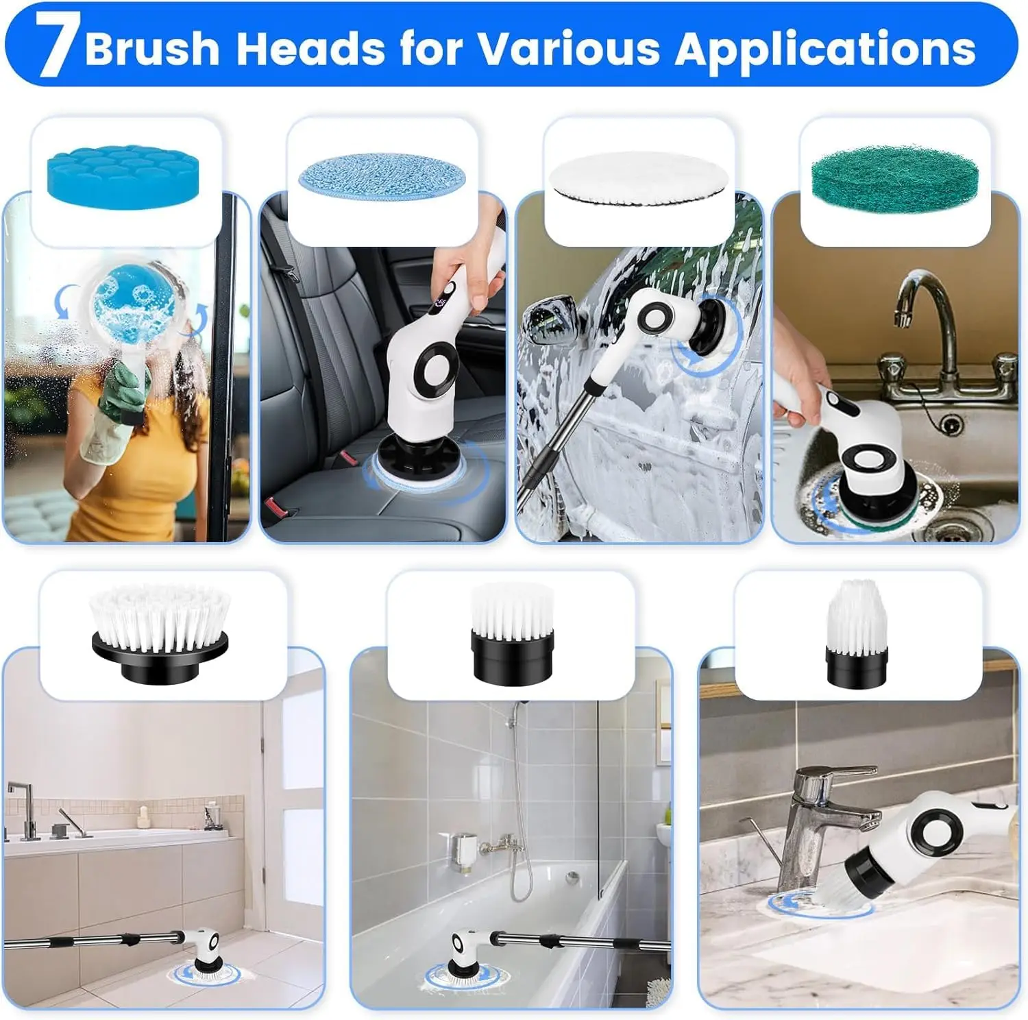 منظف دوار كهربائي، منظف دش لاسلكي، 7 فرش، 3 سرعات، مقبض قابل للتعديل، IPX7 مقاوم للماء - أبيض #6