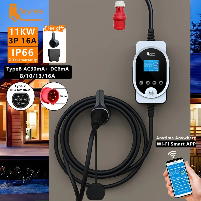 Feyree Type2 11KW EVSE Wallbox EV Charger แบบพกพา 16A 3 เฟส Wi-Fi สมาร์ท APP ควบคุมสถานีชาร์จสําหรับรถยนต์ไฟฟ้า Charger